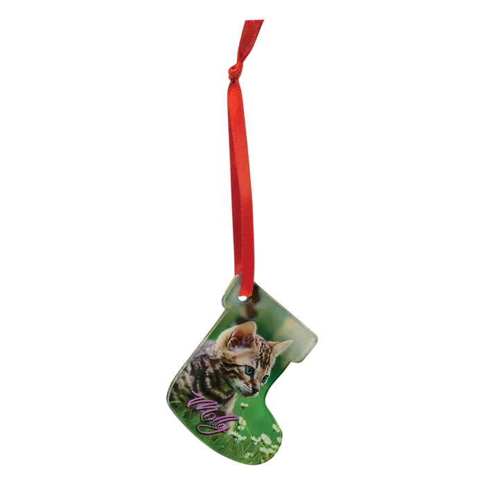 Stocking Acrylic Full Color Ornament with Red Ribbon