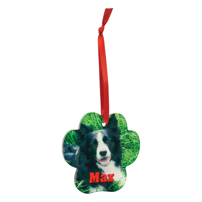 Paw Acrylic Full Color Ornament with Red Ribbon