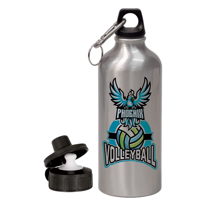 Silver Aluminum 20 oz. Water Bottle with 2 Lids and Carabiner