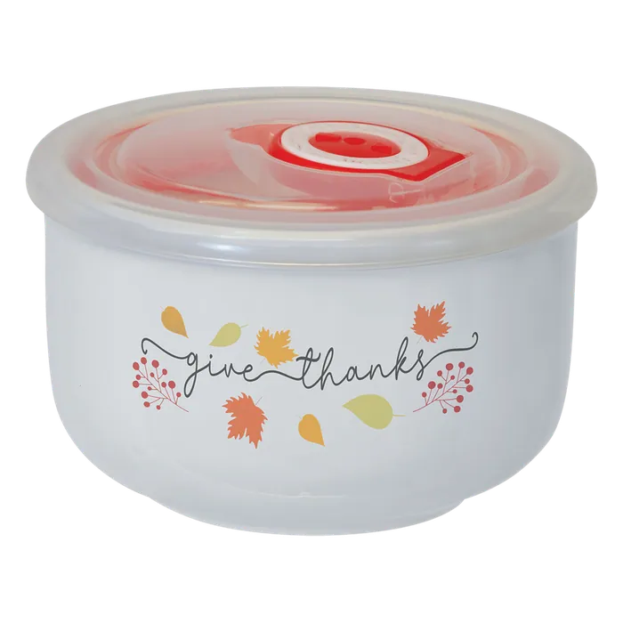 Small Full Color Ceramic Storage Bowl with Flexible Plastic Vented Lid