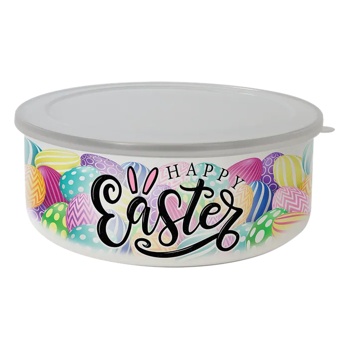 Short 50 oz. Full Color Enamel Bowl with Flexible Plastic Lid