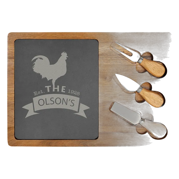 Acacia Wood and Slate Cheese Set with 3 Tools
