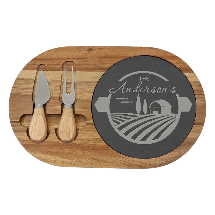 Acacia Wood/Slate Oval Cheese Set with Two Tools
