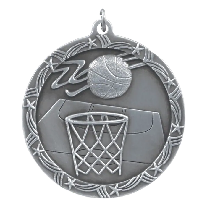 Basketball Shooting Star Medal-Silver, 2 1/2"