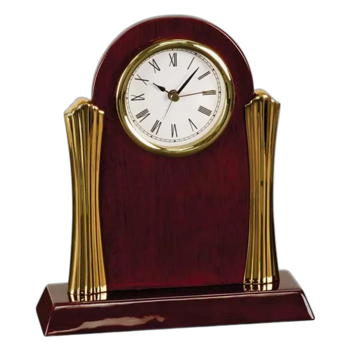 Rosewood Piano Finish Arch Desk Clock with Gold Columns