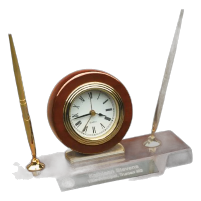 Rosewood Piano Finish Desk Clock on Base with 2 Pens
