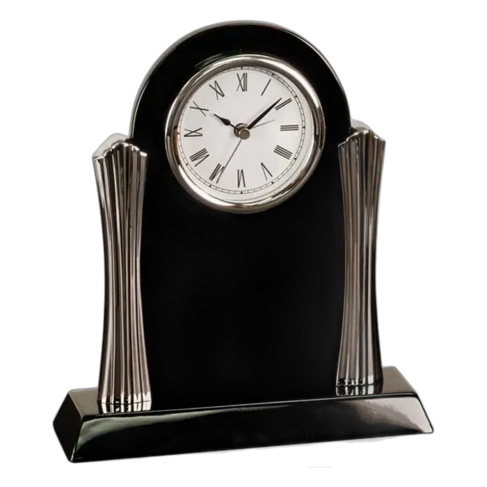 Black Desk Clock with Silver Metal Columns