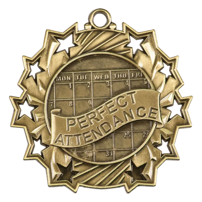 Perfect Attendance Ten Star Medal-Gold