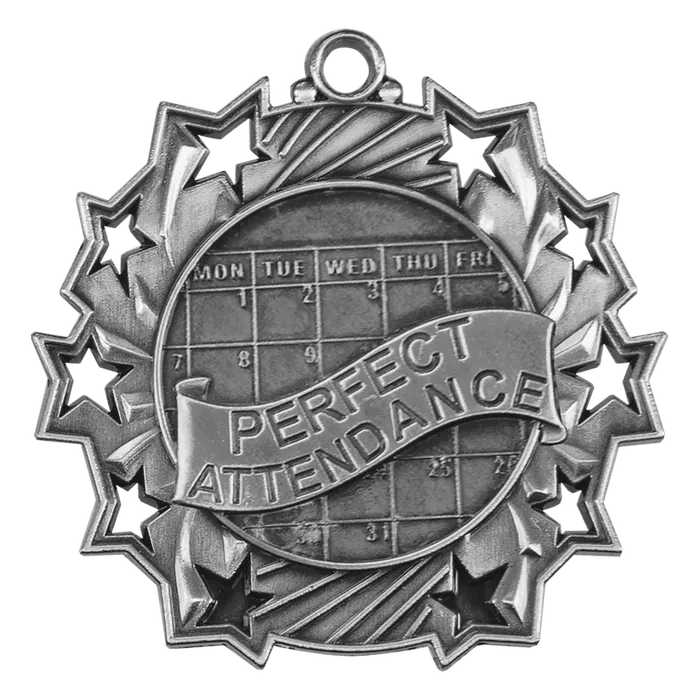 Perfect Attendance Ten Star Medal-Silver