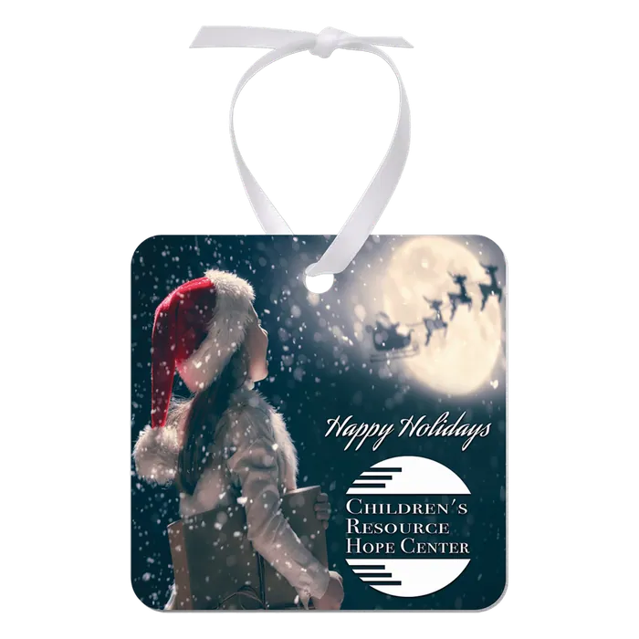 Gloss White Aluminum Square Ornament, 1-Side with White Ribbon