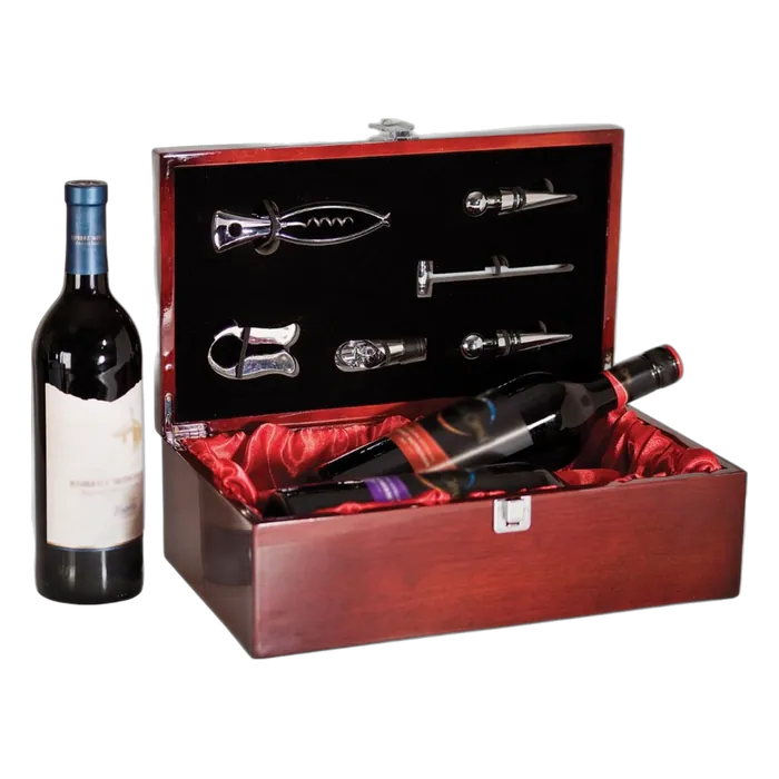 Rosewood Piano Finish Double Wine Presentation Box with 6 Tools
