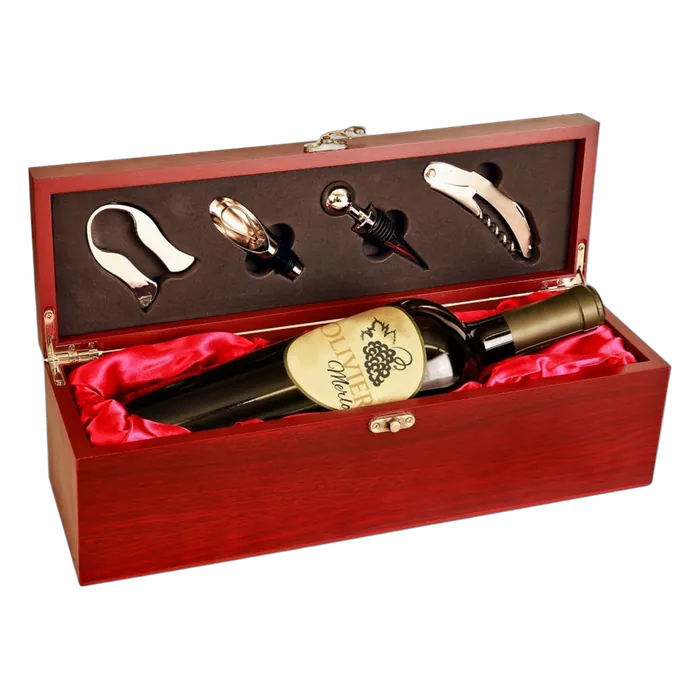 Rosewood Finish Single Wine Presentation Box with 4 Tools, 14 1/4" x 4 1/4" x 4 5/8"