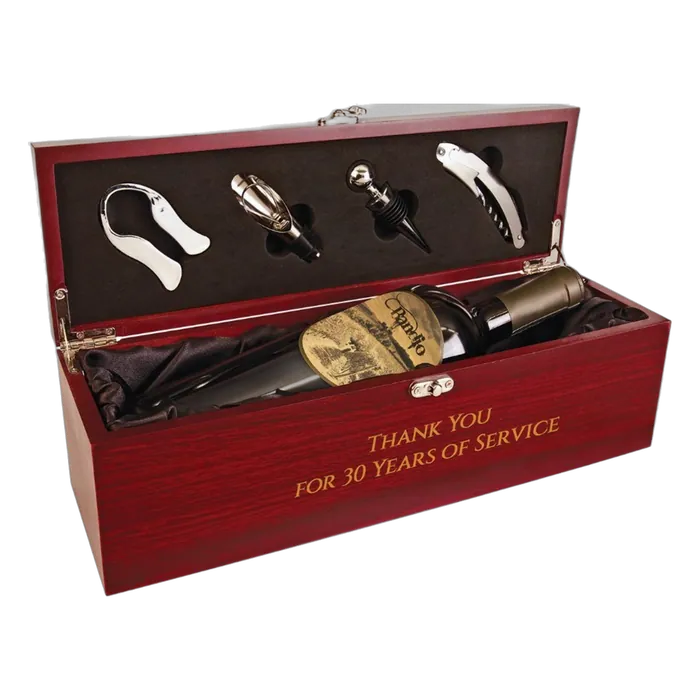 Rosewood Finish Single Wine Presentation Box with 4 Tools, 14 1/4" x 4 1/2" x 4 3/4"
