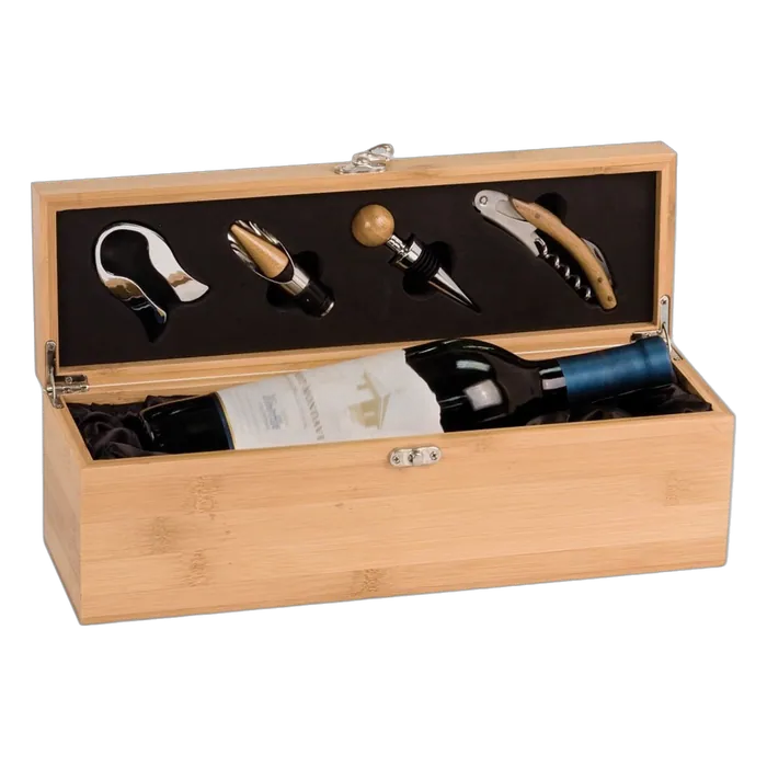 Genuine Bamboo Single Wine Presentation Box with 4 Tools