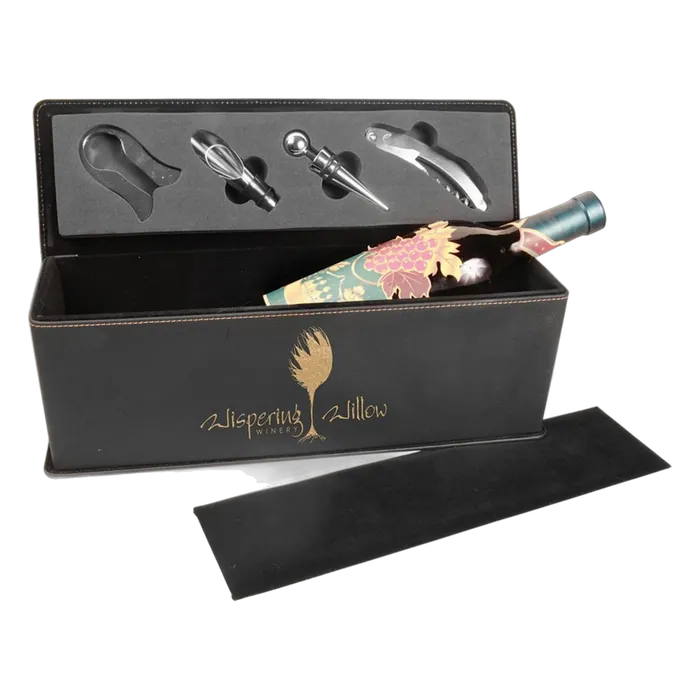 Black/Gold Leatherette Single Wine Box with Tools