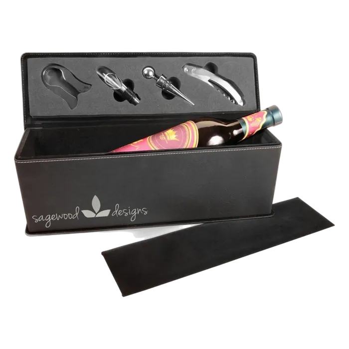 Black/Silver Leatherette Single Wine Box with Tools