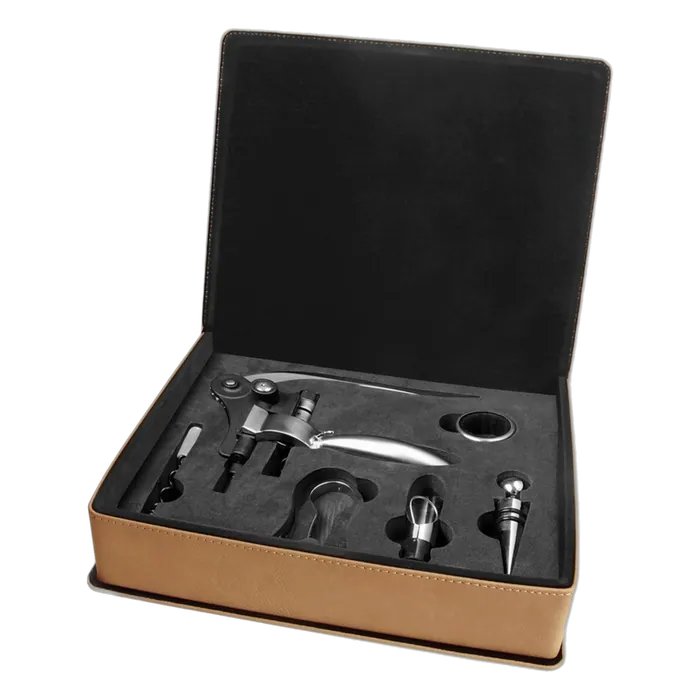 Light Brown Leatherette 5-Piece Wine Tool Set