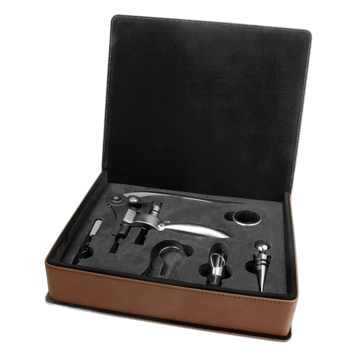 Dark Brown Leatherette 5-Piece Wine Tool Set